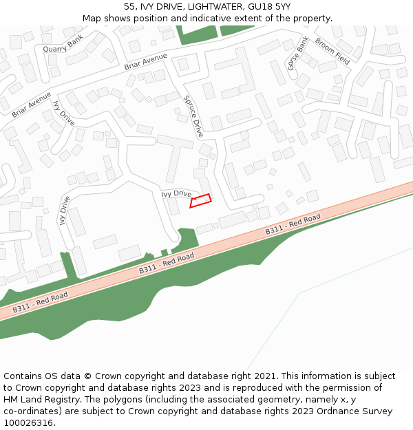 55, IVY DRIVE, LIGHTWATER, GU18 5YY: Location map and indicative extent of plot