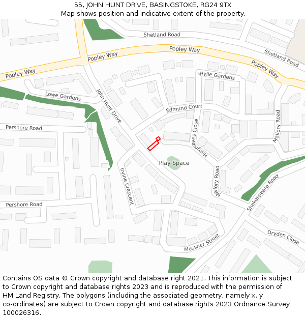55, JOHN HUNT DRIVE, BASINGSTOKE, RG24 9TX: Location map and indicative extent of plot