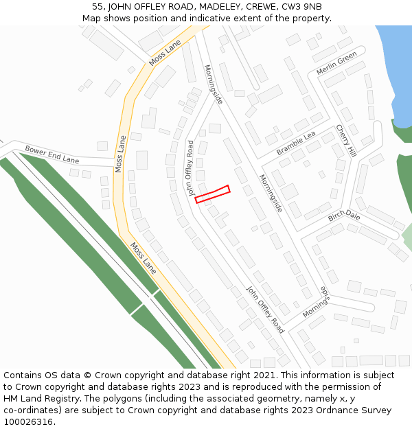 55, JOHN OFFLEY ROAD, MADELEY, CREWE, CW3 9NB: Location map and indicative extent of plot