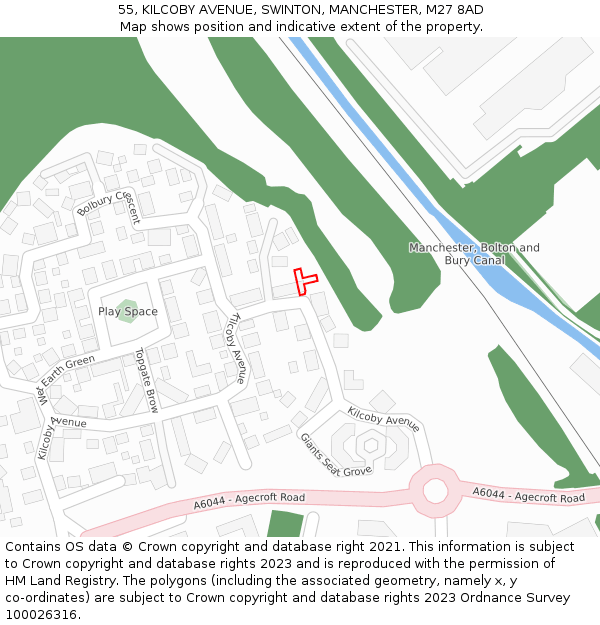 55, KILCOBY AVENUE, SWINTON, MANCHESTER, M27 8AD: Location map and indicative extent of plot