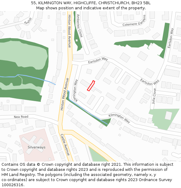 55, KILMINGTON WAY, HIGHCLIFFE, CHRISTCHURCH, BH23 5BL: Location map and indicative extent of plot