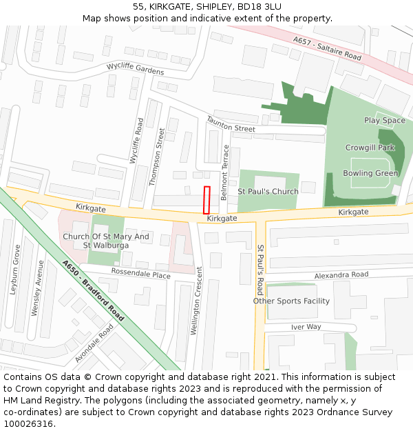 55, KIRKGATE, SHIPLEY, BD18 3LU: Location map and indicative extent of plot