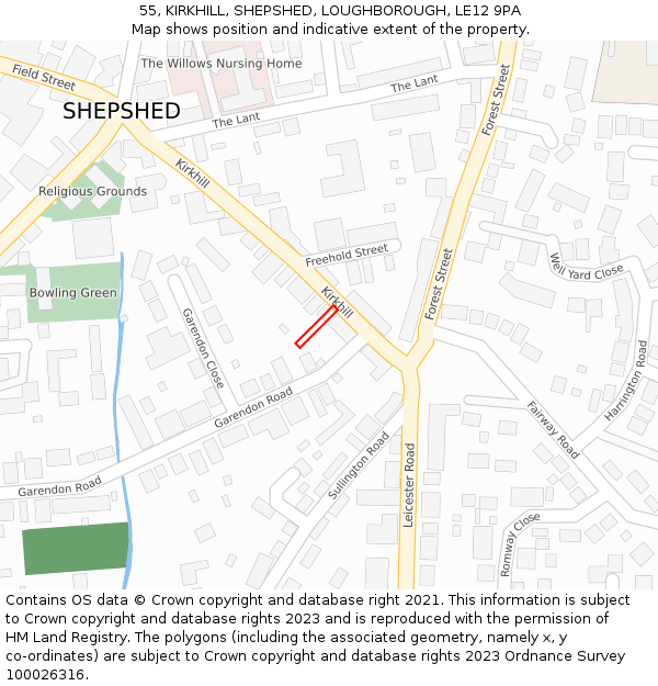 55, KIRKHILL, SHEPSHED, LOUGHBOROUGH, LE12 9PA: Location map and indicative extent of plot