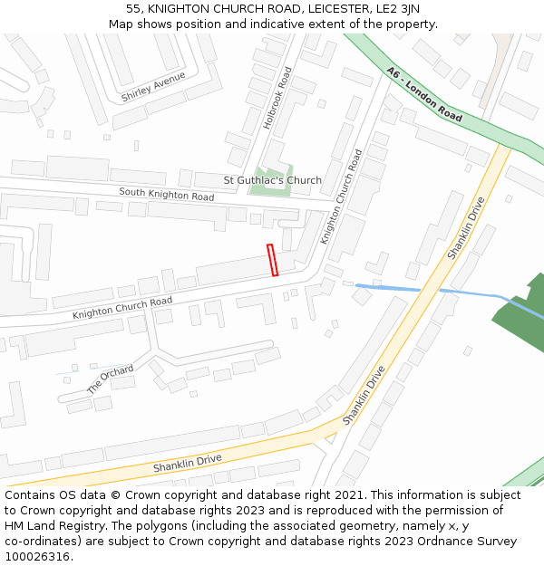 55, KNIGHTON CHURCH ROAD, LEICESTER, LE2 3JN: Location map and indicative extent of plot