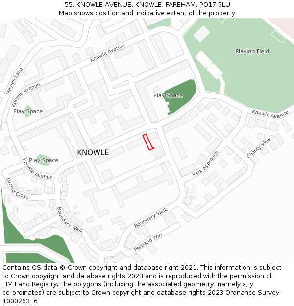 55, KNOWLE AVENUE, KNOWLE, FAREHAM, PO17 5LU: Location map and indicative extent of plot
