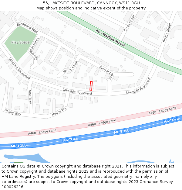 55, LAKESIDE BOULEVARD, CANNOCK, WS11 0GU: Location map and indicative extent of plot
