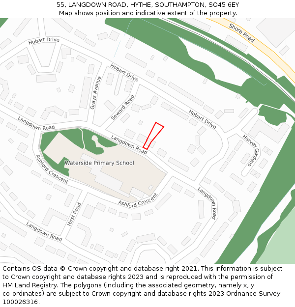 55, LANGDOWN ROAD, HYTHE, SOUTHAMPTON, SO45 6EY: Location map and indicative extent of plot