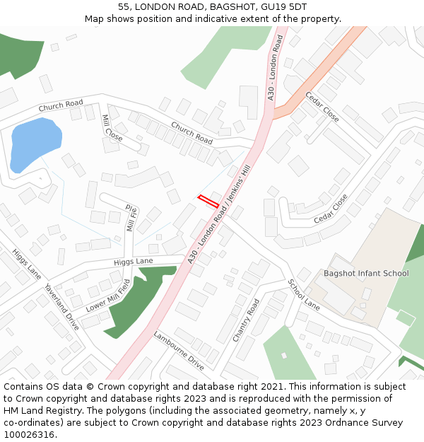 55, LONDON ROAD, BAGSHOT, GU19 5DT: Location map and indicative extent of plot