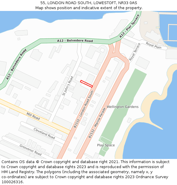 55, LONDON ROAD SOUTH, LOWESTOFT, NR33 0AS: Location map and indicative extent of plot