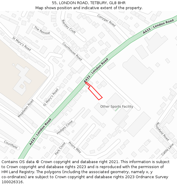 55, LONDON ROAD, TETBURY, GL8 8HR: Location map and indicative extent of plot