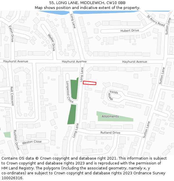 55, LONG LANE, MIDDLEWICH, CW10 0BB: Location map and indicative extent of plot