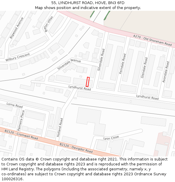 55, LYNDHURST ROAD, HOVE, BN3 6FD: Location map and indicative extent of plot