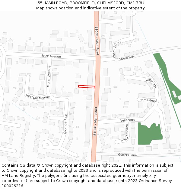 55, MAIN ROAD, BROOMFIELD, CHELMSFORD, CM1 7BU: Location map and indicative extent of plot