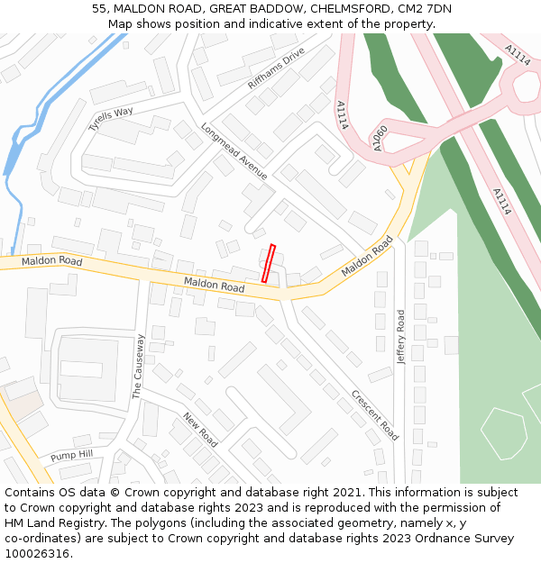 55, MALDON ROAD, GREAT BADDOW, CHELMSFORD, CM2 7DN: Location map and indicative extent of plot