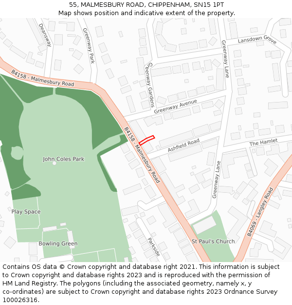 55, MALMESBURY ROAD, CHIPPENHAM, SN15 1PT: Location map and indicative extent of plot