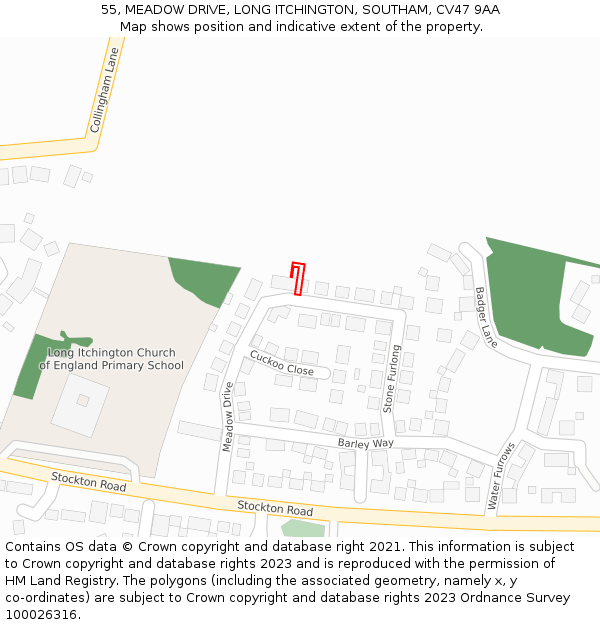 55, MEADOW DRIVE, LONG ITCHINGTON, SOUTHAM, CV47 9AA: Location map and indicative extent of plot