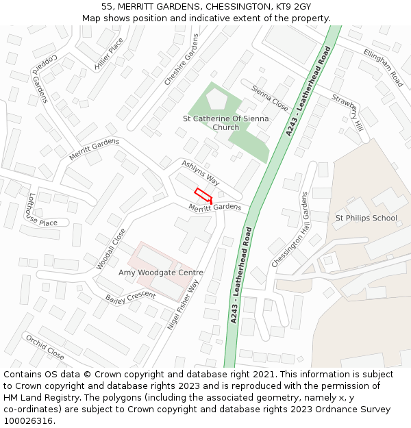 55, MERRITT GARDENS, CHESSINGTON, KT9 2GY: Location map and indicative extent of plot
