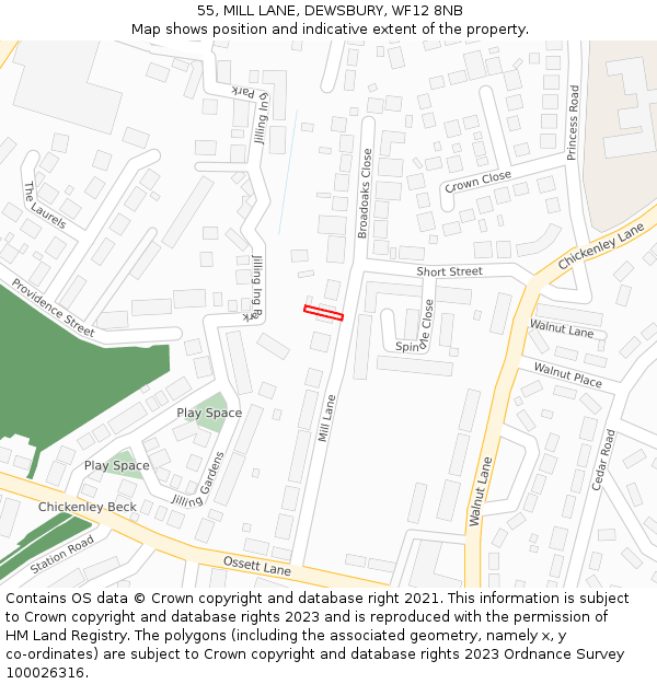 55, MILL LANE, DEWSBURY, WF12 8NB: Location map and indicative extent of plot