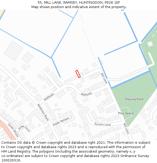 55, MILL LANE, RAMSEY, HUNTINGDON, PE26 1EF: Location map and indicative extent of plot