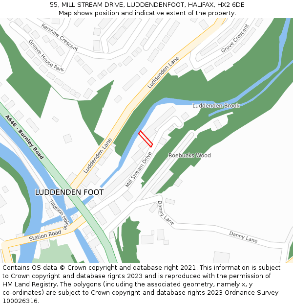 55, MILL STREAM DRIVE, LUDDENDENFOOT, HALIFAX, HX2 6DE: Location map and indicative extent of plot