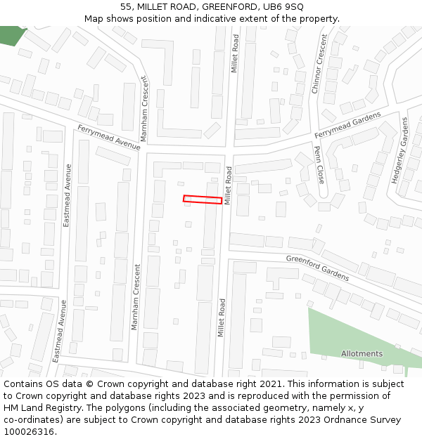 55, MILLET ROAD, GREENFORD, UB6 9SQ: Location map and indicative extent of plot