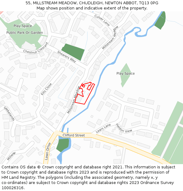 55, MILLSTREAM MEADOW, CHUDLEIGH, NEWTON ABBOT, TQ13 0PG: Location map and indicative extent of plot