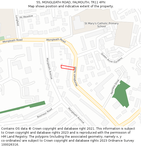 55, MONGLEATH ROAD, FALMOUTH, TR11 4PN: Location map and indicative extent of plot