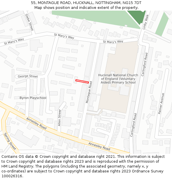 55, MONTAGUE ROAD, HUCKNALL, NOTTINGHAM, NG15 7DT: Location map and indicative extent of plot