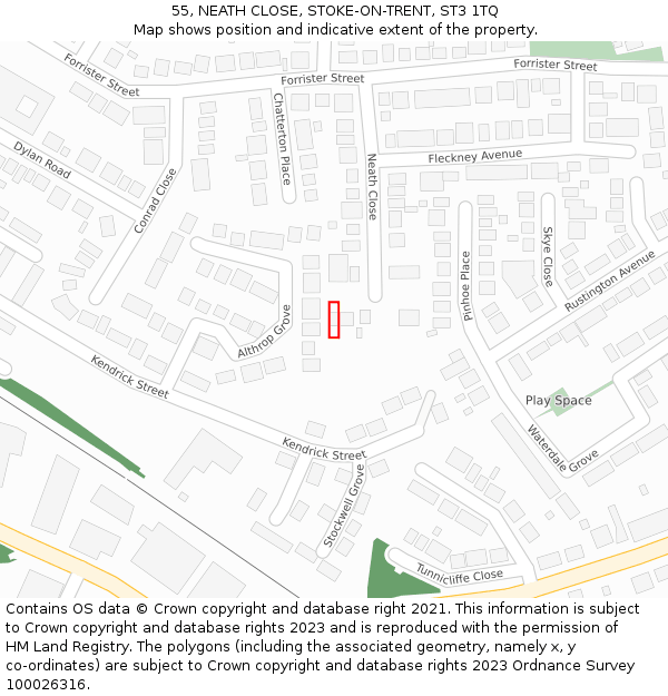 55, NEATH CLOSE, STOKE-ON-TRENT, ST3 1TQ: Location map and indicative extent of plot