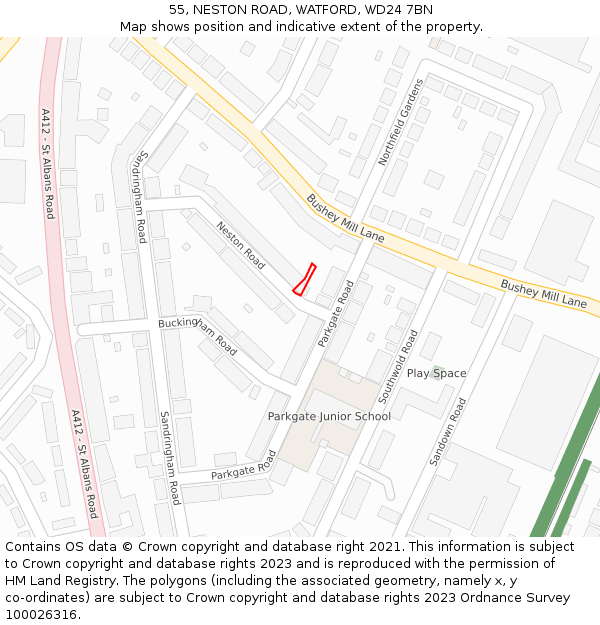 55, NESTON ROAD, WATFORD, WD24 7BN: Location map and indicative extent of plot