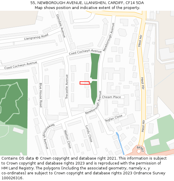 55, NEWBOROUGH AVENUE, LLANISHEN, CARDIFF, CF14 5DA: Location map and indicative extent of plot