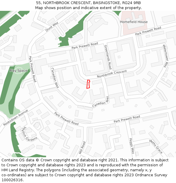 55, NORTHBROOK CRESCENT, BASINGSTOKE, RG24 9RB: Location map and indicative extent of plot