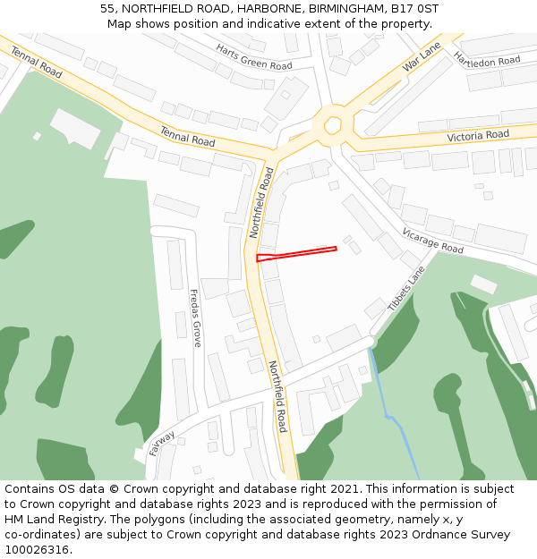 55, NORTHFIELD ROAD, HARBORNE, BIRMINGHAM, B17 0ST: Location map and indicative extent of plot
