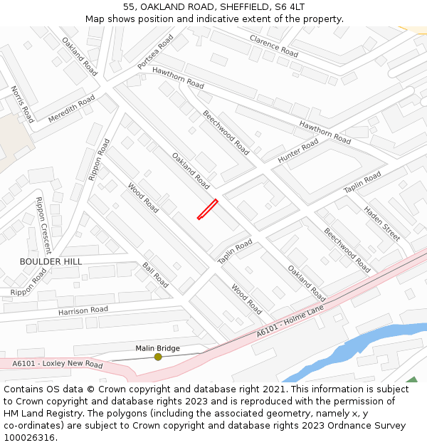 55, OAKLAND ROAD, SHEFFIELD, S6 4LT: Location map and indicative extent of plot