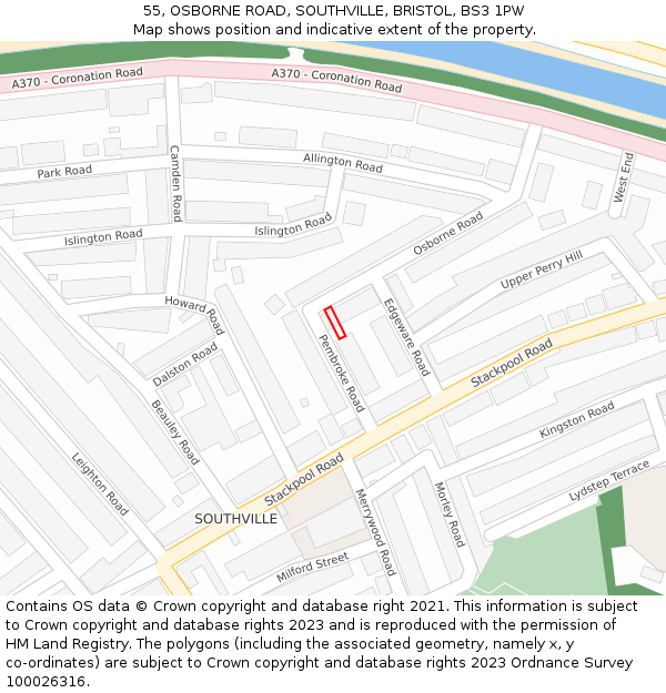 55, OSBORNE ROAD, SOUTHVILLE, BRISTOL, BS3 1PW: Location map and indicative extent of plot