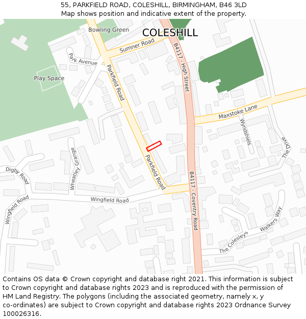 55, PARKFIELD ROAD, COLESHILL, BIRMINGHAM, B46 3LD: Location map and indicative extent of plot