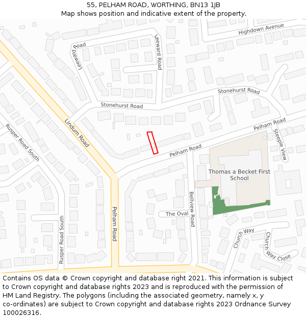 55, PELHAM ROAD, WORTHING, BN13 1JB: Location map and indicative extent of plot