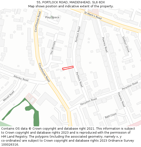 55, PORTLOCK ROAD, MAIDENHEAD, SL6 6DX: Location map and indicative extent of plot