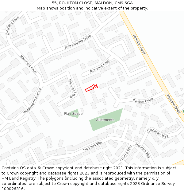 55, POULTON CLOSE, MALDON, CM9 6GA: Location map and indicative extent of plot
