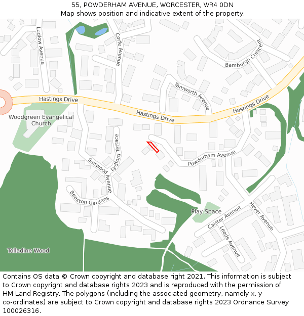 55, POWDERHAM AVENUE, WORCESTER, WR4 0DN: Location map and indicative extent of plot