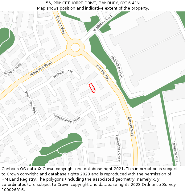 55, PRINCETHORPE DRIVE, BANBURY, OX16 4FN: Location map and indicative extent of plot