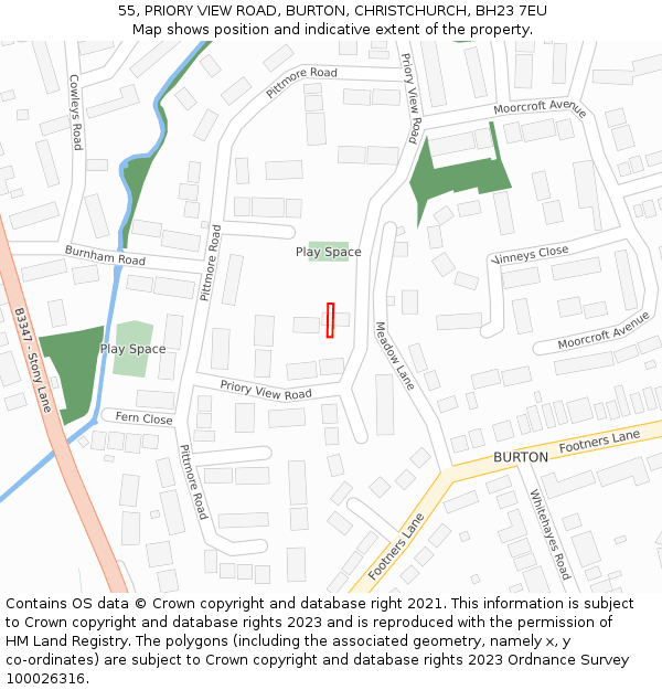 55, PRIORY VIEW ROAD, BURTON, CHRISTCHURCH, BH23 7EU: Location map and indicative extent of plot