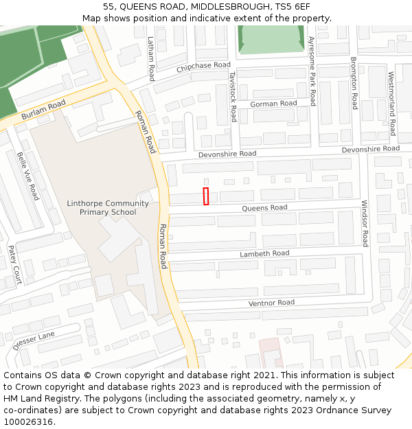 55, QUEENS ROAD, MIDDLESBROUGH, TS5 6EF: Location map and indicative extent of plot