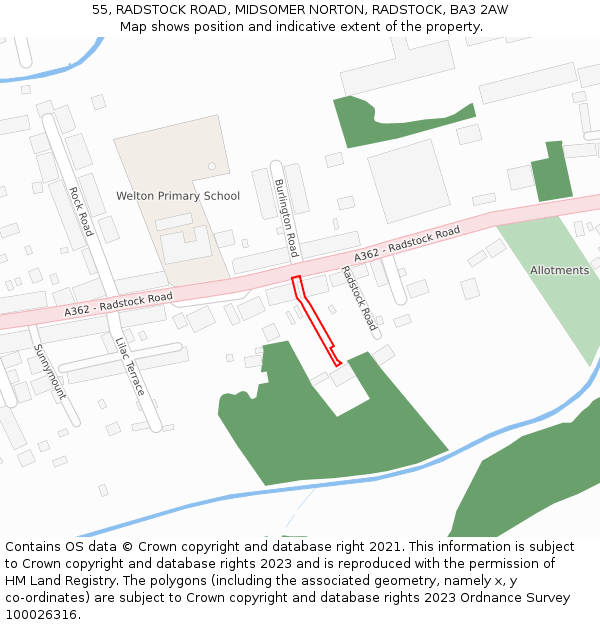 55, RADSTOCK ROAD, MIDSOMER NORTON, RADSTOCK, BA3 2AW: Location map and indicative extent of plot