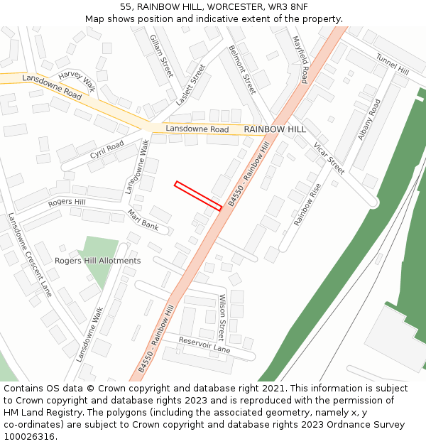 55, RAINBOW HILL, WORCESTER, WR3 8NF: Location map and indicative extent of plot