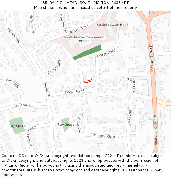 55, RALEIGH MEAD, SOUTH MOLTON, EX36 4BT: Location map and indicative extent of plot