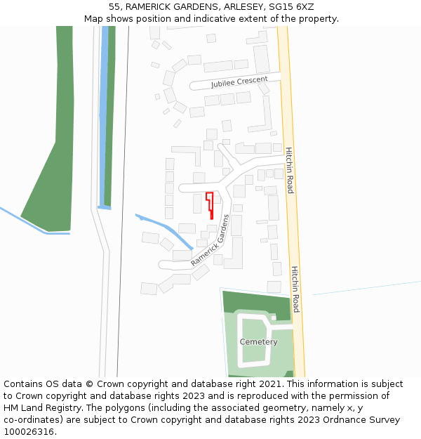 55, RAMERICK GARDENS, ARLESEY, SG15 6XZ: Location map and indicative extent of plot