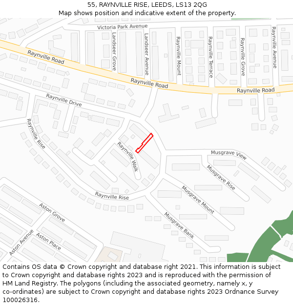 55, RAYNVILLE RISE, LEEDS, LS13 2QG: Location map and indicative extent of plot