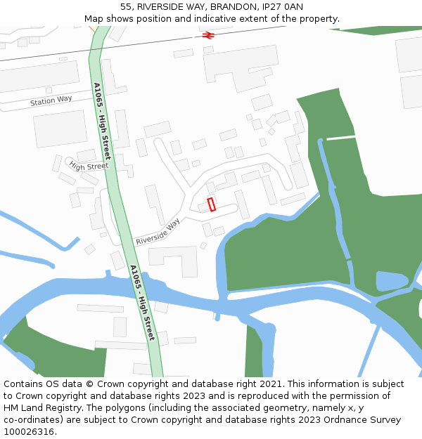 55, RIVERSIDE WAY, BRANDON, IP27 0AN: Location map and indicative extent of plot