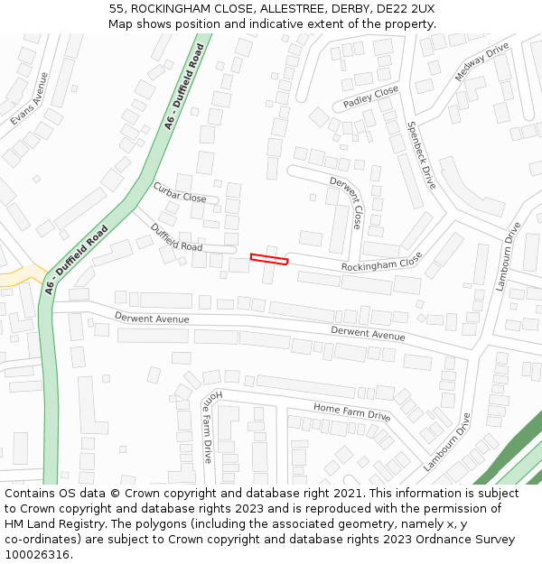 55, ROCKINGHAM CLOSE, ALLESTREE, DERBY, DE22 2UX: Location map and indicative extent of plot